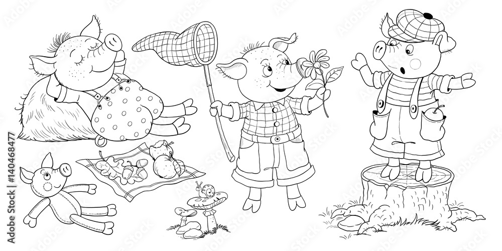 Three little pigs. Fairy tale. Coloring page. Illustration for children. Cute and funny cartoon characters