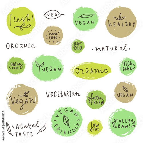 Set og vegan signs. Vector hand drawn badges