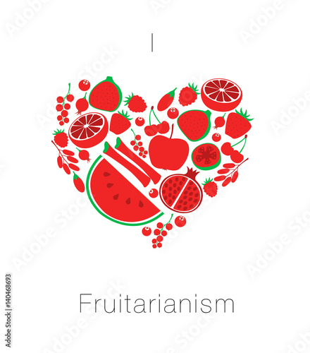 Heart from red fruit and berries. Card I love fruitarianism eco vegetarian healthy food. Vector illustration