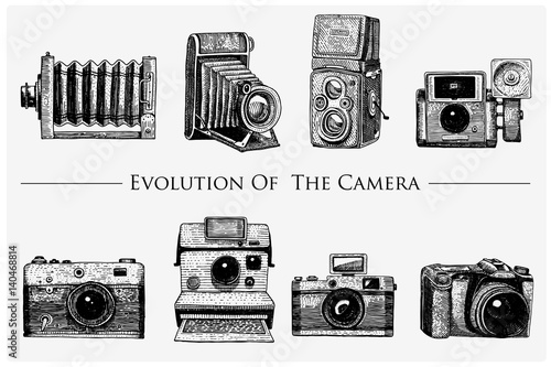 evolution of the photo, video, film, movie camera from first till now vintage, engraved hand drawn in sketch or wood cut style, old looking retro lens, isolated vector realistic illustration