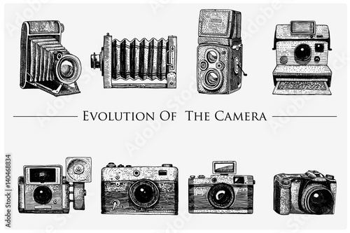 evolution of the photo, video, film, movie camera from first till now vintage, engraved hand drawn in sketch or wood cut style, old looking retro lens, isolated vector realistic illustration
