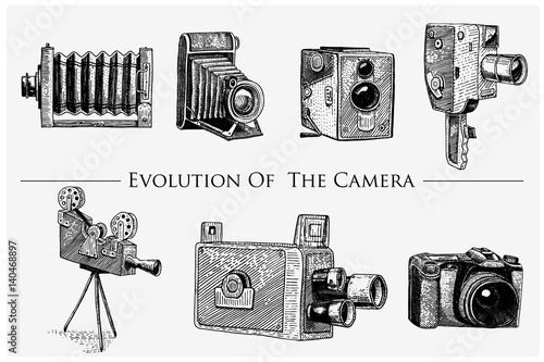 evolution of the photo, video, film, movie camera from first till now vintage, engraved hand drawn in sketch or wood cut style, old looking retro lens, isolated vector realistic illustration