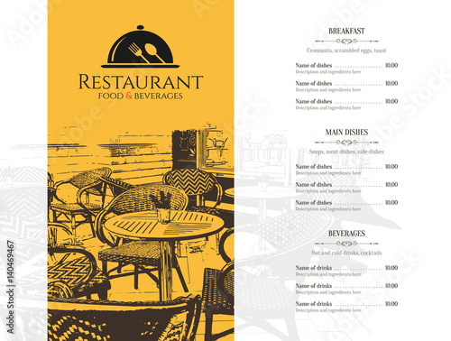Restaurant menu design. Vector menu brochure template for cafe, coffee house, restaurant, bar. Food and drinks logotype symbol design. With a sketch pictures
