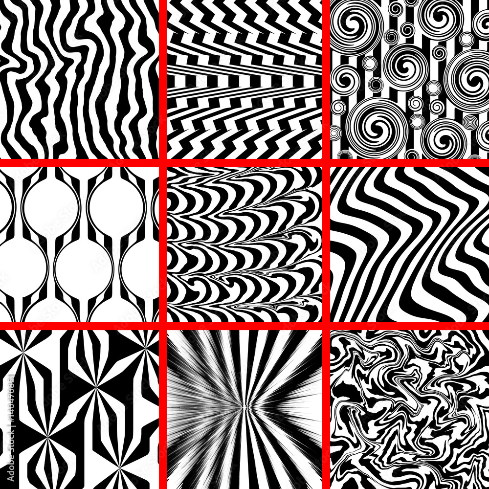 High contrast black and white background set. Monochrome, distorted, chaotic themes. 3D illusion compositions. Abstract vector illustration. High contrast black and white background set. Monochrome, distorted, chaotic themes. 3D illusion compositions. Abstract vector illustration.