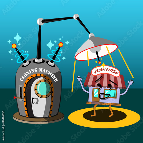 Fancy science fiction cloning machine. Conceptual flat art illustration of franchise business expansion by getting new copies.