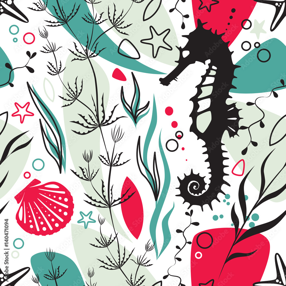 Sea life underwater modern design vector seamless pattern. Coral reef ...