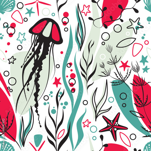 Sea life underwater modern design vector seamless pattern. Coral reef with jellyfish, plant, seashell and starfish, cute colors and happy mood.