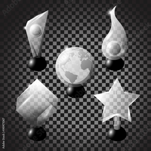 Transparent white glass or acrylic trophy set. Vector stock illustration of glass prizes isolated on transparent background. Realistic blank award template.  Shiny and glossy trophies.