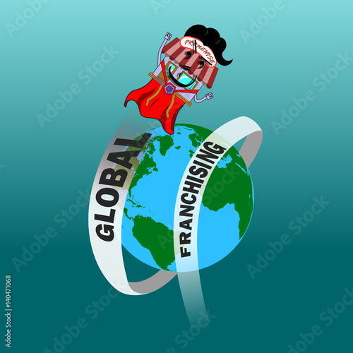 Flat art business concept illustration. Superhero character spinning around the earth symbolizing global coverage of business.