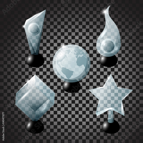 Transparent blue glass or acrylic trophy set. Vector stock illustration of glass prizes isolated on transparent background. Realistic blank award template.  Shiny and glossy trophies.