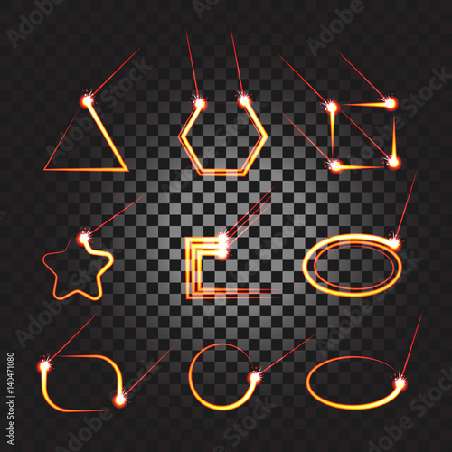 Laser cutting or welding trace transparent effect, melted material frame set. Burning trail banner, highlighter. Stock vector illustration of laser cutting or welding. Industrial theme banners, icons.