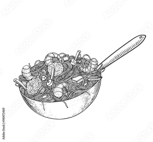 Asian fastfood with noodles shrimps, pepper, vegetables in a wok pan. Hand drawn