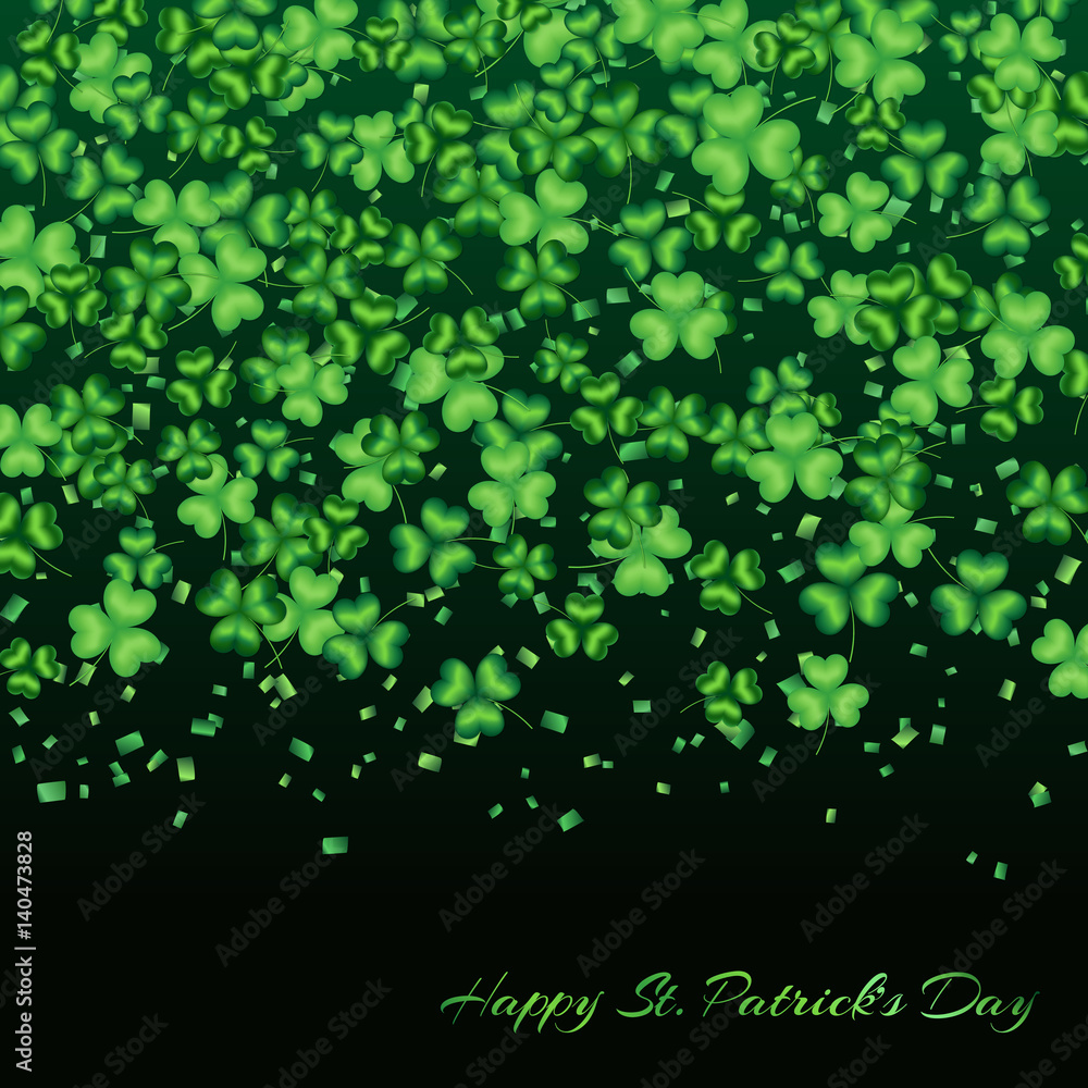 Pattern clover leaves on a green background with confetti to celebrate St. Patricks Day
Pattern clover leaves on a green background with confetti to celebrate St. Patricks Day