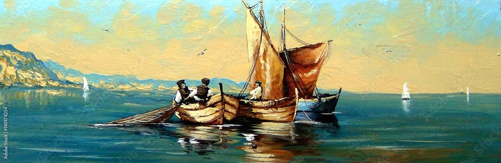 Fototapeta premium Fisherman, ships, boat, sea landscape, oil paintings