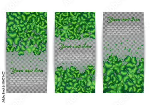Banners with shamrock background on a transparent backdrop. Spring set for design Saint Patricks Day
