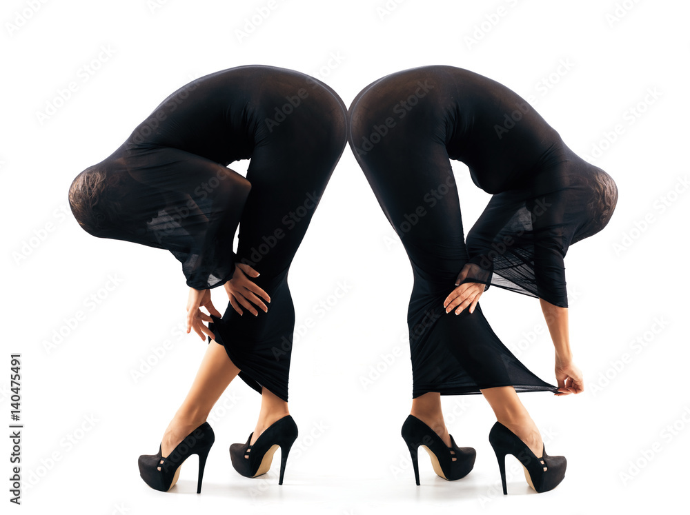 Fotka „Two female silhouettes in black nylon body stocking and in high  heels shoes interacting with each other, horizontal view“ ze služby Stock |  Adobe Stock