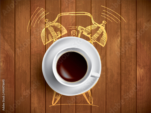 Alarm clock and coffee concept illustration with doodle