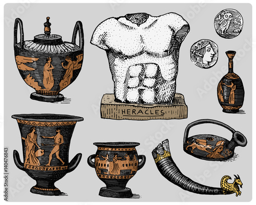 ancient Greece, antique symbols, greek coins, heracles sculpture, anphora vintage, engraved hand drawn in sketch or wood cut style, old looking retro, isolated vector realistic illustration.