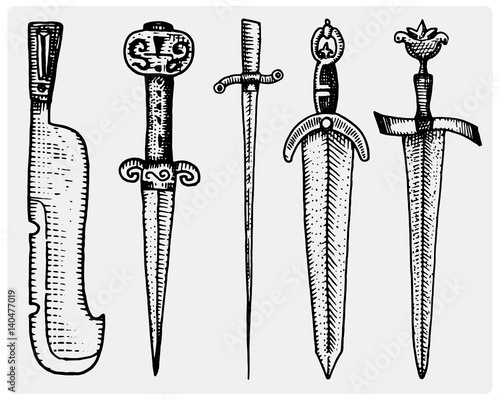 medieval symbols big set of swords, knife and mace vintage, engraved hand drawn in sketch or wood cut style, old looking retro, isolated vector realistic illustration, heraldic.