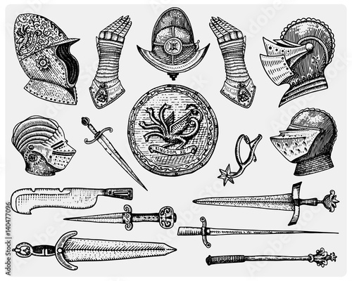 big set medieval symbols, Helmet and gloves, shield with dragon and sword, knife and mace, spur vintage, engraved hand drawn in sketch or wood cut style, old looking retro