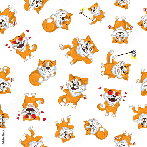 Vector seamless pattern of cartoon ginger cats. Isolated on white background. You can use this ornament for printing on textile or gift wrap and wallpapers.
