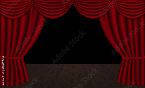 Vector Red Theater Curtains, Open with Wooden Stage
