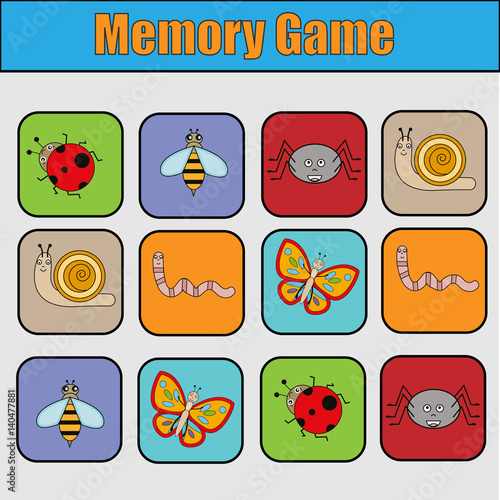 Educational children game, kids activity. Memory game with insects