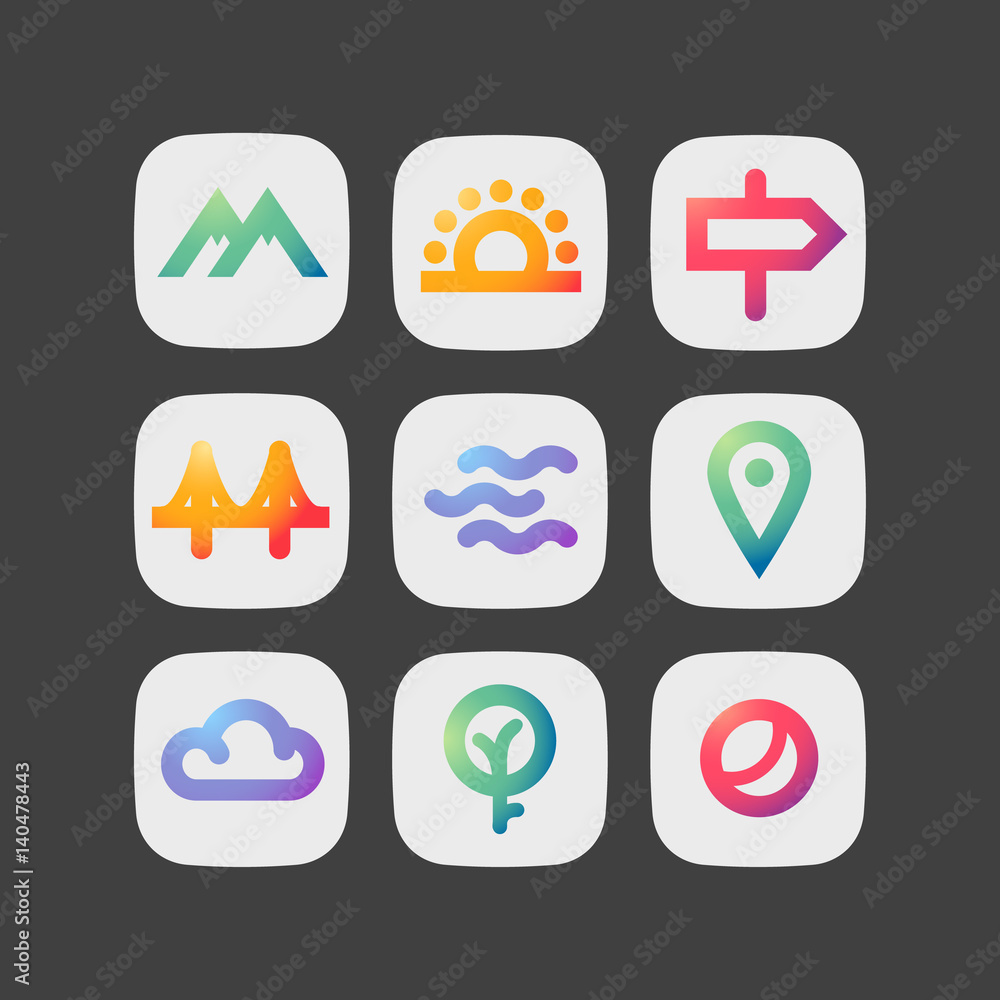 Simple modern colorful icons. Travel theme sign set. Simple modern colorful icons. Travel theme sign set.