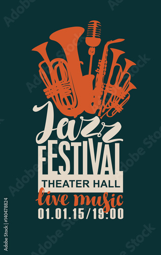 Template Poster for jazz festival with saxophone, wind instruments and a microphone