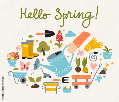 Spring and gardening poster template, hand drawn style, vector illustration