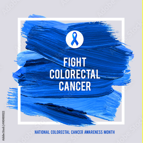 CLORECTAL Cancer Awareness Creative Grey and Blue Poster. Brush Stroke and Silk Ribbon Symbol. National Colon Cancer Awareness Month Banner. Brush Stroke and Text. Medical Square Design