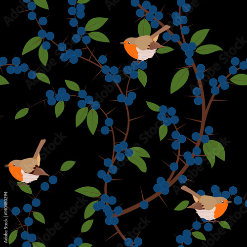 Seamless pattern of Blackthorn berries and robin birds