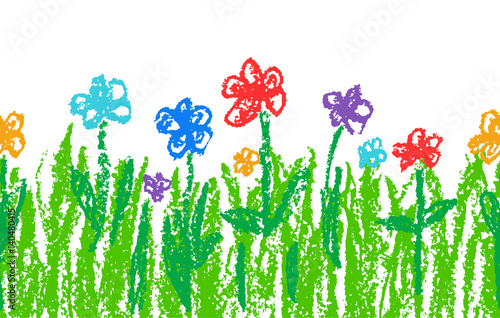 Wax crayon like kid`s hand drawn colorful flowers with green grass on white. Seamless like child`s drawn flowers set. Cute painting spring and summer meadow. Vector pastel chalk background banner.
