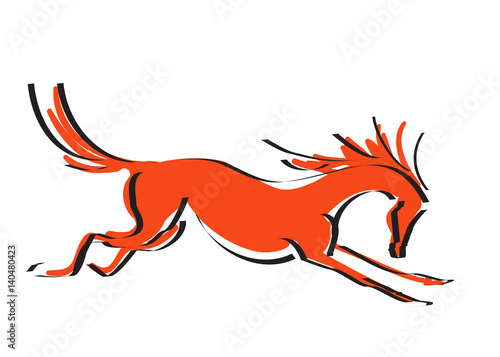 Hand drawing with black line silhouette galloping red color horse. Vector cartoon Japanese style illustrtion.