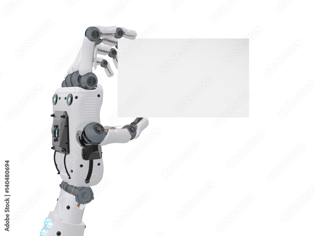 robot hand holding blank business card robot hand holding blank business card