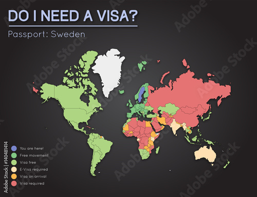 Visas information for Kingdom of Sweden passport holders. Year 2017. World map infographics showing visa requirements for all countries. Vector illustration.