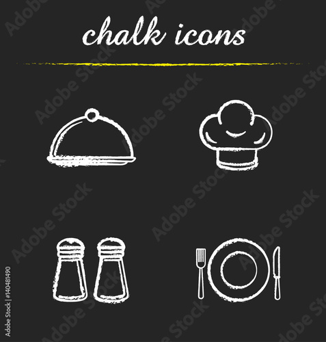Restaurant kitchen items chalk icons set