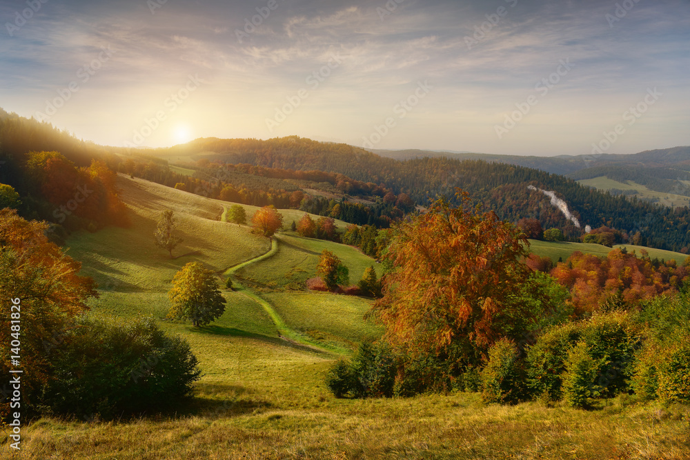 Beautiful view of sunrise in Pieniny mountains