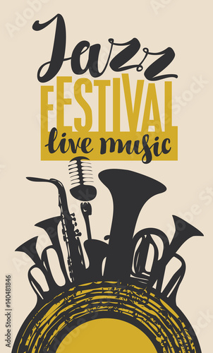 Sticker Template Poster for jazz festival with saxophone, wind instruments, microphone a
