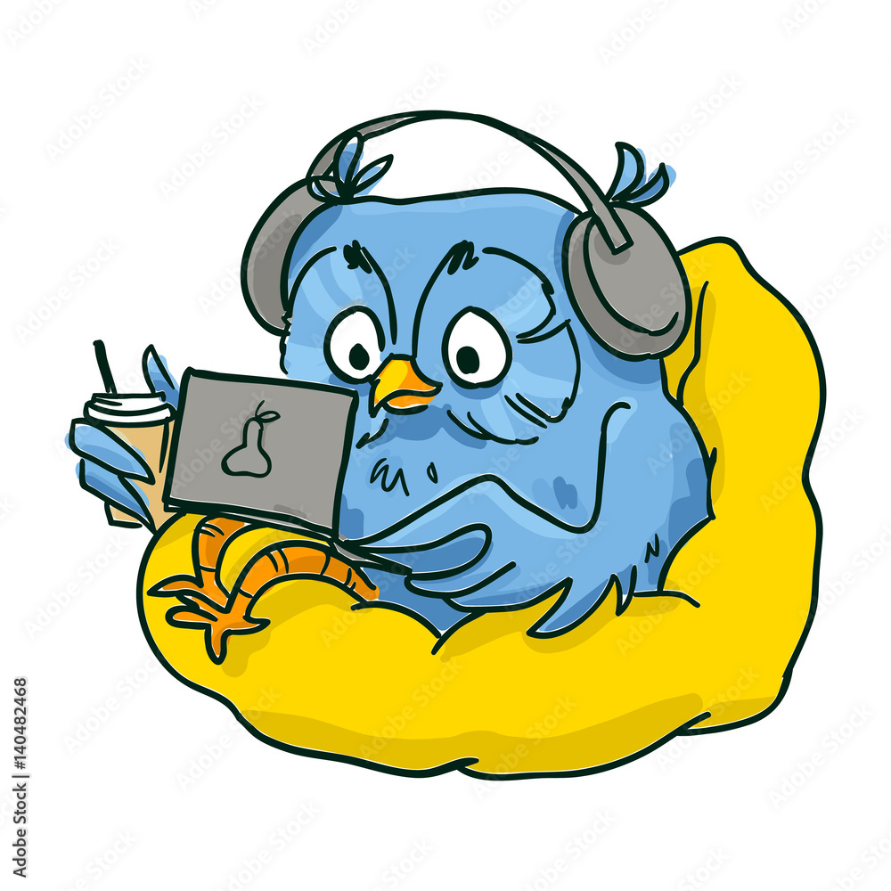 Fototapeta premium Owl in headphones with a laptop sitting in bean bag chair and drinking a latte. Hand-drawn contour
