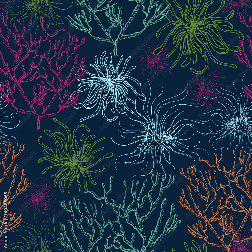 Naklejka premium Collection of marine plants, corals and seaweed. Vintage seamless pattern with hand drawn marine flora. Vector illustration in line art style.