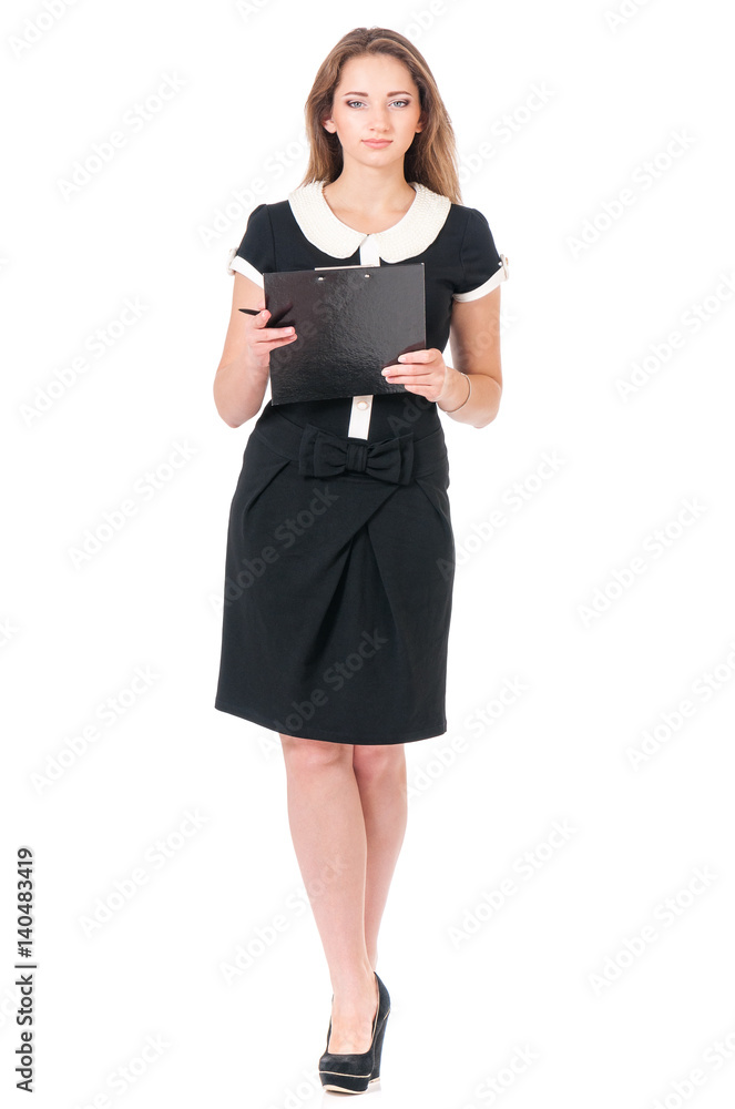 Full body portrait of business woman or teacher holding a clipboard, isolated on white background Full body portrait of business woman or teacher holding a clipboard, isolated on white background