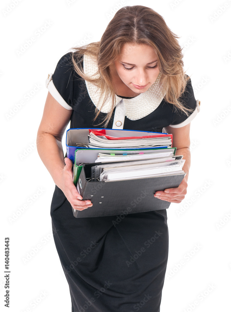 Portrait of business woman with folders, isolated on white background Portrait of business woman with folders, isolated on white background