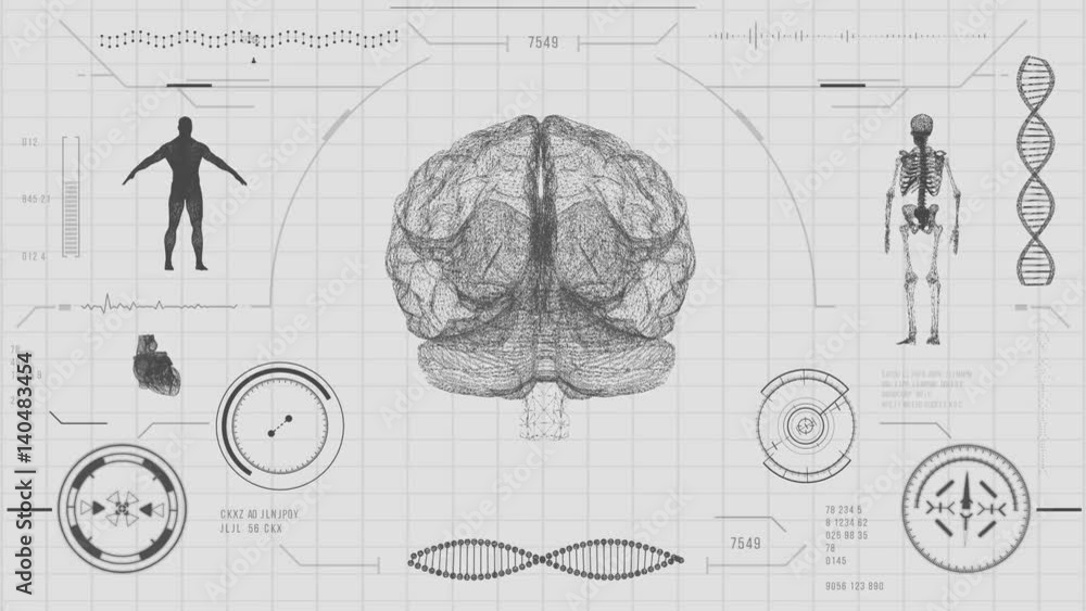 Human brain scan. Futuristic medical user interface with HUD and infographic elements. Virtual technology background. Head-up display template for business, games, motion design, web and app.