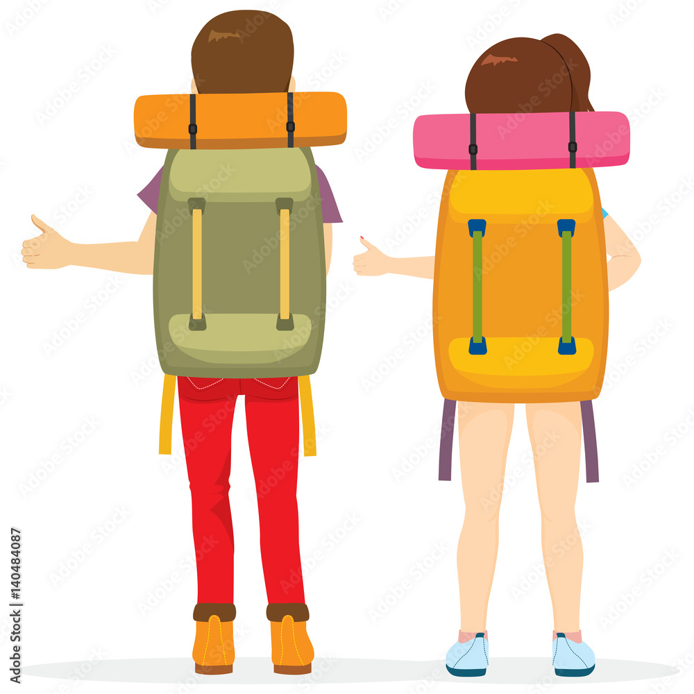 Couple hitchhiking tourism concept traveling with big bag backpack  Stock-Vektorgrafik | Adobe Stock