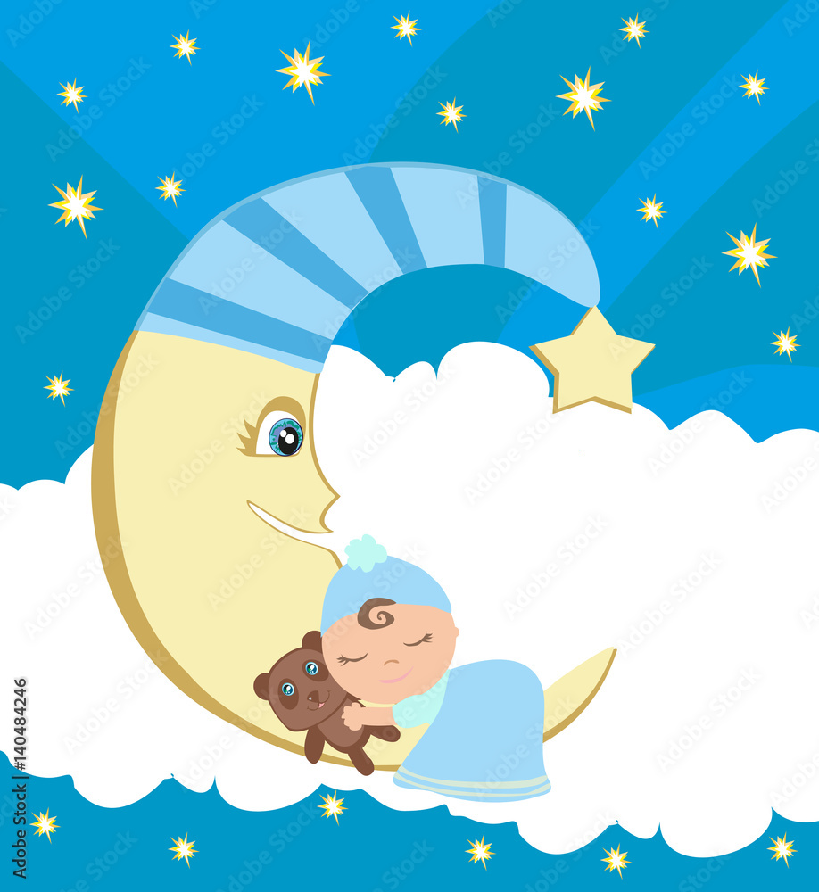 Fototapeta Cute little boy sleeping on moon