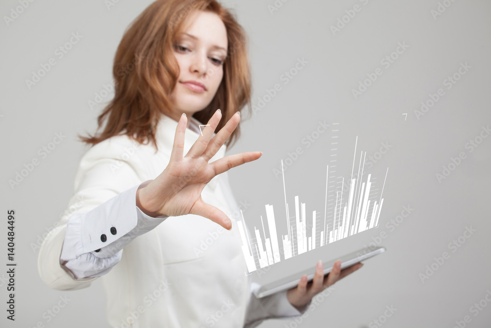 Finance data concept. Woman working with Analytics. Chart graph information on digital screen. Finance data concept. Woman working with Analytics. Chart graph information on digital screen.