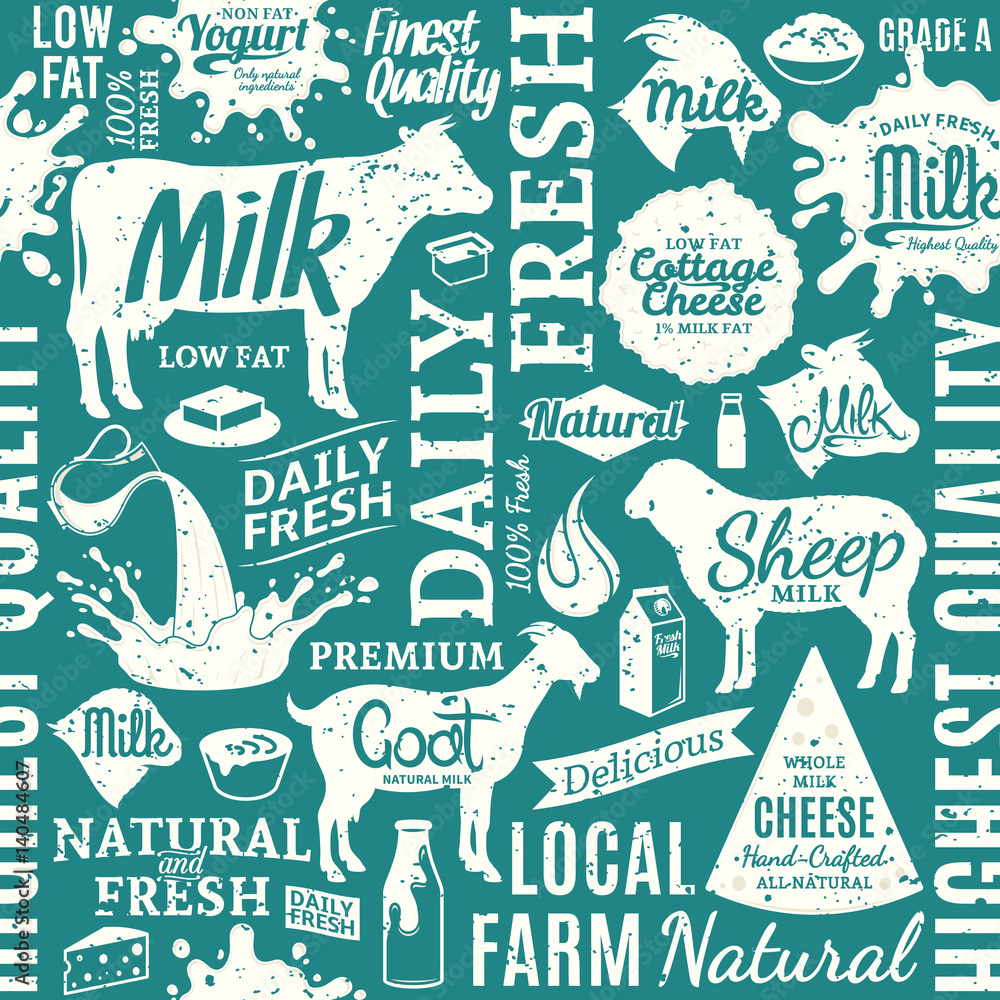 Fototapeta premium Retro styled typographic vector milk product seamless pattern or background