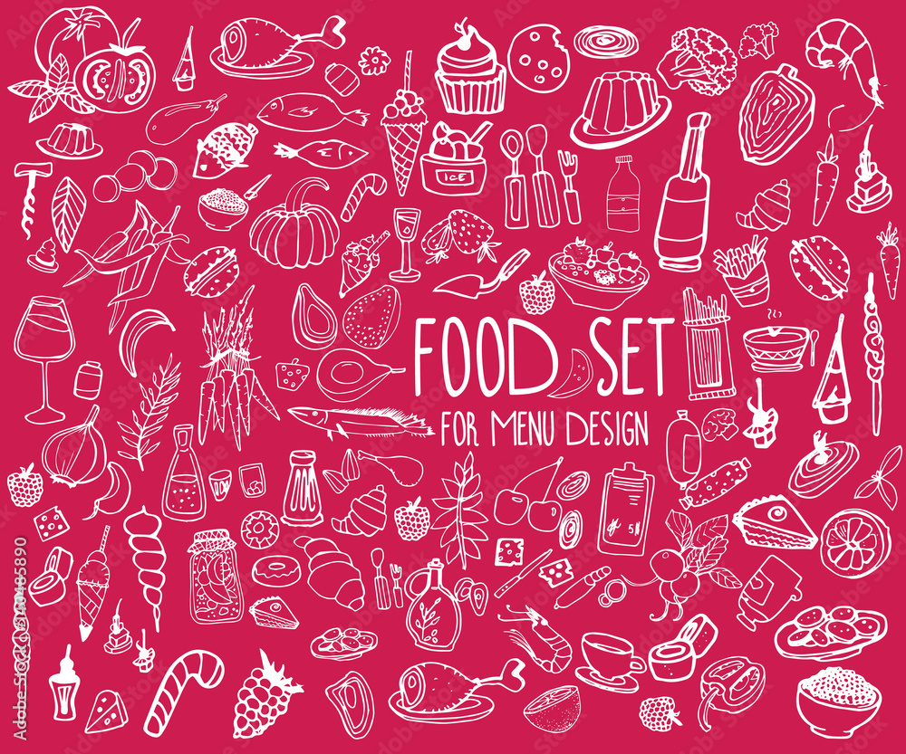 Hand drawn food elements. Set for menu decoration. Hand drawn food elements. Set for menu decoration.