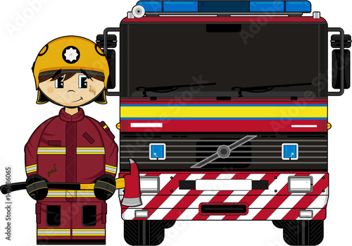 Cute Cartoon Fireman and Fire Engine